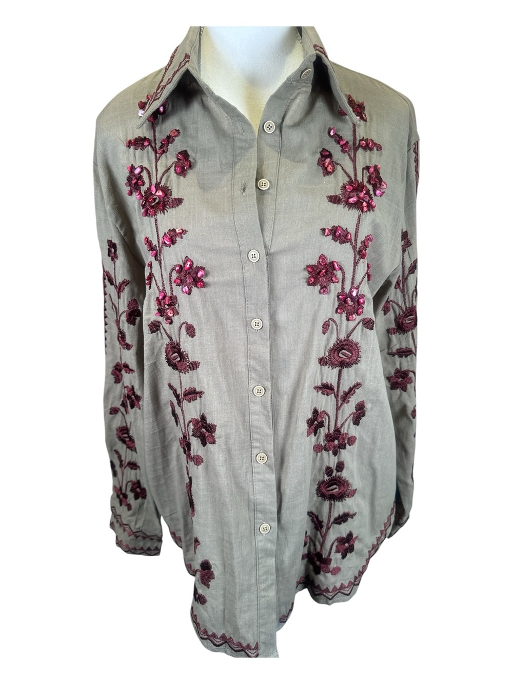 Galita Embroidered Olive Green Button-Up Shirt with Red Floral Accents NWT - Picture 4 of 12